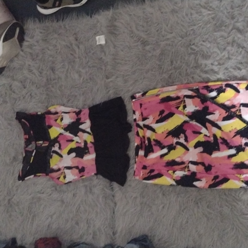 Pink yellow and black skirt set
